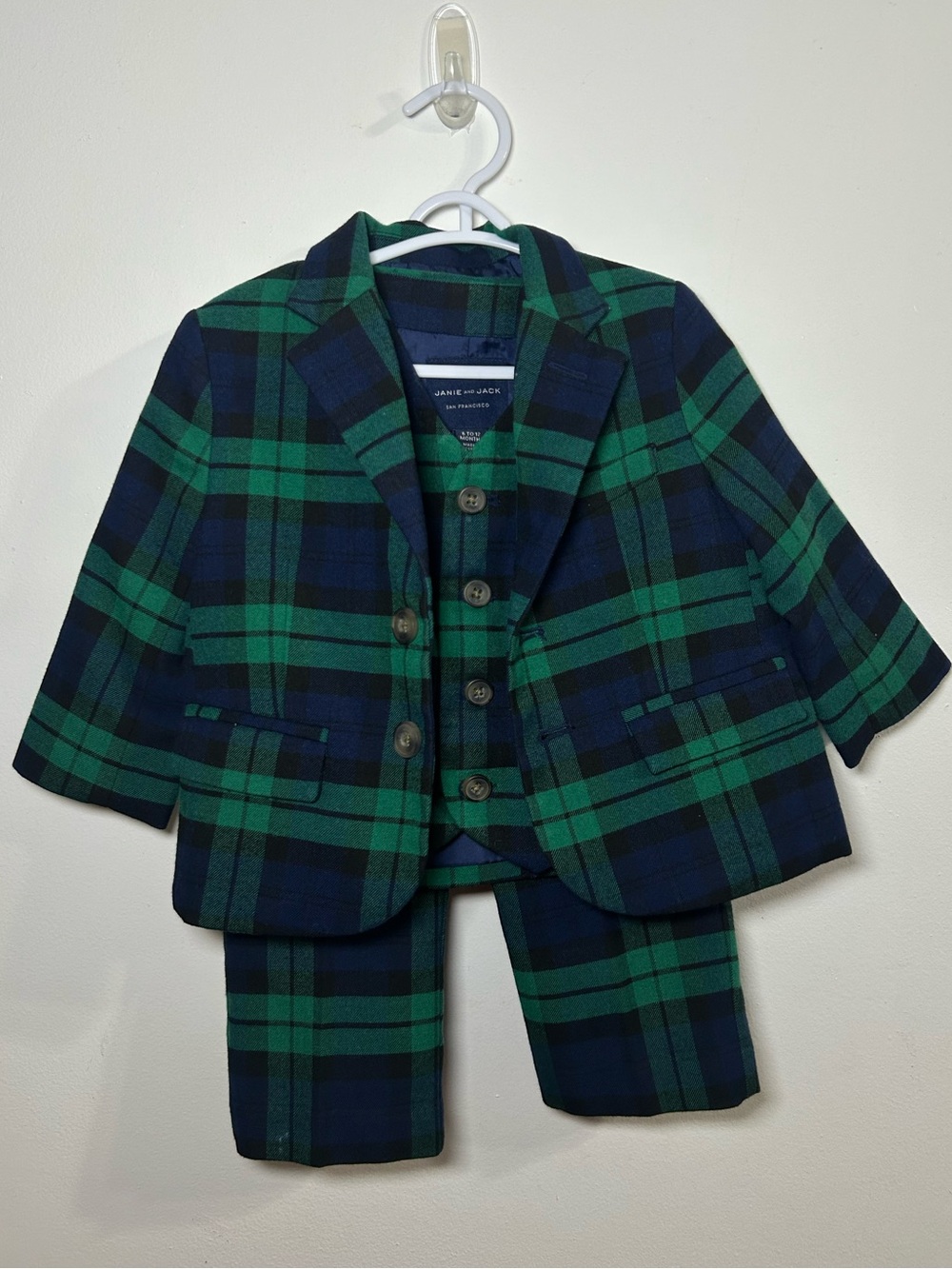 Janie and Jack Navy & Green Plaid Three-Piece Blazer Set